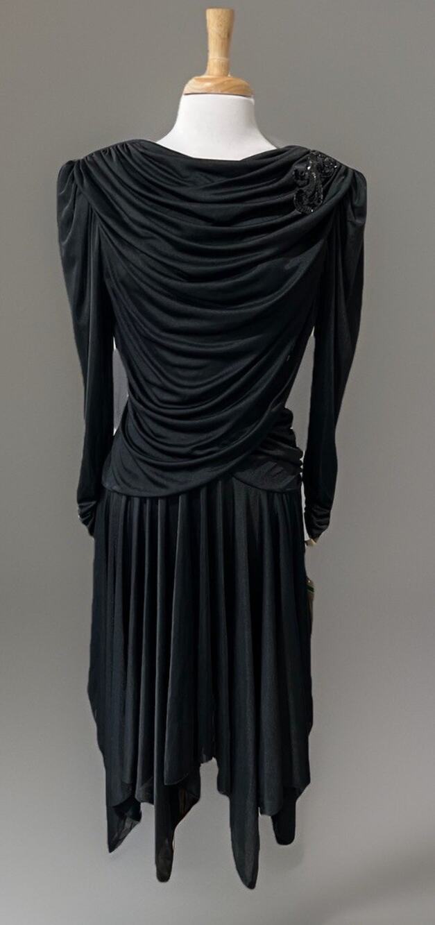 NWT Filigree Vintage 80s Black Goth Cocktail Dress Cowl Handkerchief Hem size 10